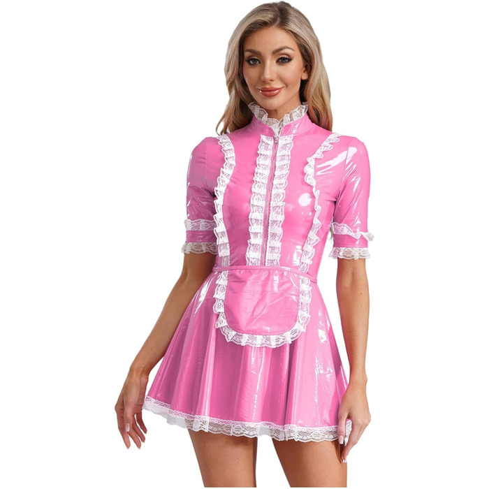 Костюм покоївки Agoky для жінок: міні-сукня з лакованої шкіри, мереживна спідничка, еротична білизна, клубний наряд (3XL, Рожевий)