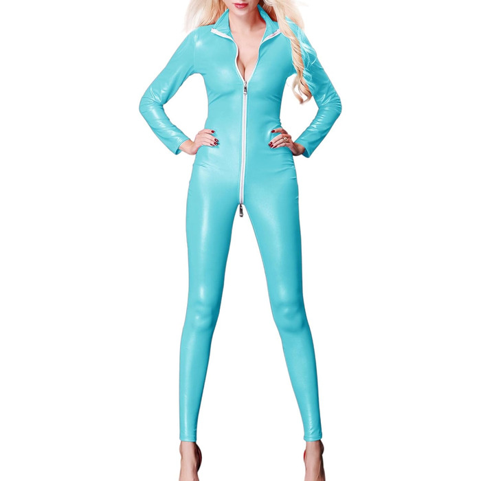 Жіночий боді з еластичної шкіри, облягаючий, з V-подібним вирізом, на блискавці, для клубу (XL, Синій)