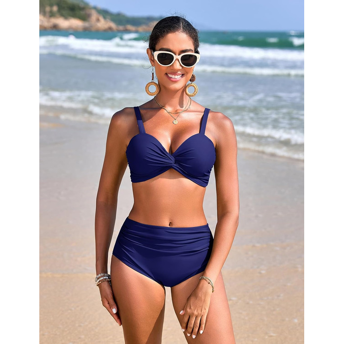Бікіні жіночий комплект з високою талією, суцільний купальник push-up, двокомпонентний, з V-подібним вирізом, пляжна мода, бікіні для жінок (темно-синій, S)