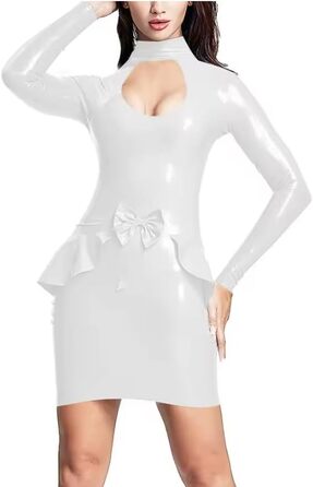 Сукня з довгим рукавом з ПВХ-стрейчу великого розміру, з коміром-стійкою та вирізаним краєм, фігурна, персоналізована, біла XXL