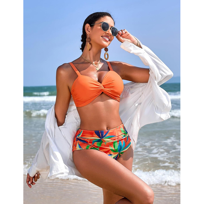 БІКІНІ ЖІНОЧИЙ СЕКСИ: комплект з високою талією, push-up, з V-подібним вирізом, двокомпонентний, для плавання та відпочинку (Оранжевий принт, розмір S)