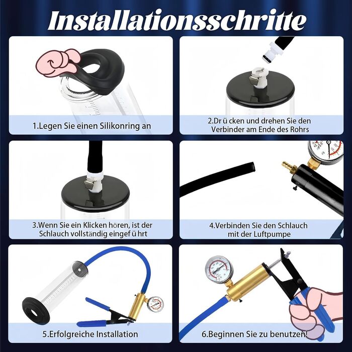 Насос для збільшення пеніса: ручний вакуумний насос з манометром та 6 силіконовими кільцями. Іграшка для чоловіків, збільшувач пеніса. Діаметр: 6.35 см