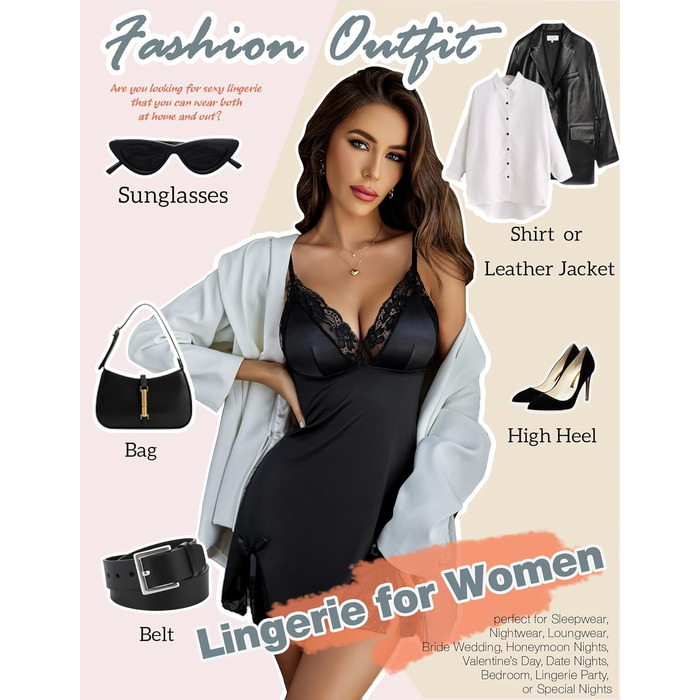 Жіноча нічна сорочка ADOME з мереживом, сатином та шортами Babydoll, чорна