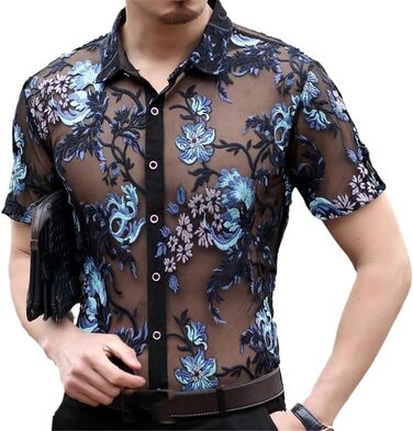 Прозора сорочка для чоловіків Yeuyyben з мереживом та вишивкою, для клубу та вечірок (EU XL, синій)