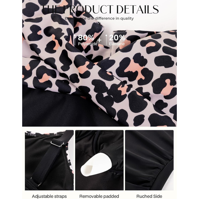 Топ для купальника Tankini Hanna Nikole з животом, зав'язками на грудях, V-подібним вирізом та принтом леопарда, S