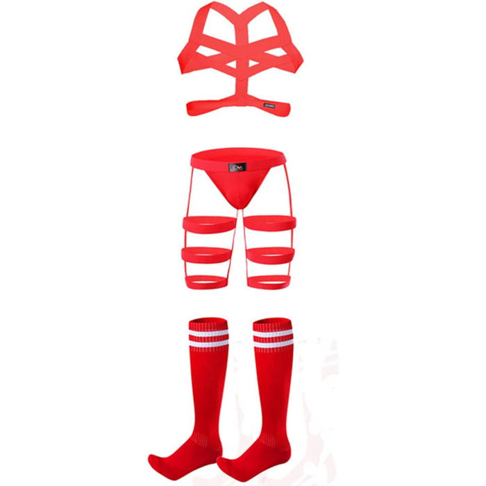 Сексуальний чоловічий комплект для сну: пояс для грудей, стрінги, шкарпетки, гольфи, труси, танга, низька талія, для геїв, мереживні шкарпетки, гольфи, колготки. Розмір універсальний (червоний, універсальний розмір)