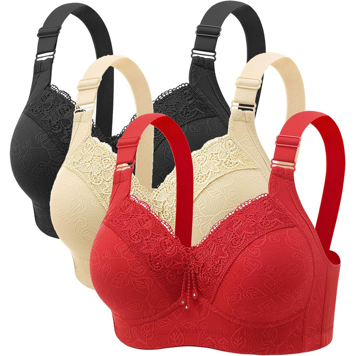 3er комплект бюстгальтерів без кісточок Push Up для великих грудей (90B) - чорний, бежевий, червоний
