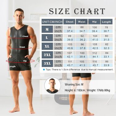 Чоловічі шорти без рукавів QiaTi з блискавкою, з екошкіри, боді з двома кишенями для повсякденного носіння та клубів (3XL, чорний)
