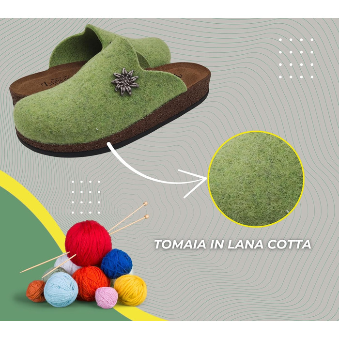 Зимові домашні капці Alpine Clogs з вареної вовни для чоловіків та жінок, теплі тірольські пантолети, Made in Italy, світло-зелені, розмір 39 EU
