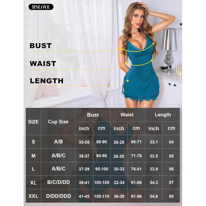 Babydoll RSLOVE для жінок - сексуальна нічна сорочка з мереживом, блакитний/зелений (S)