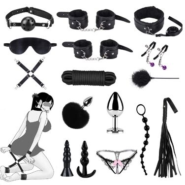Набір для БДСМ: шкіряне спорядження для фетишу, обмеження, спотикання, з наручниками та маскою для очей (17 предметів, чорний)