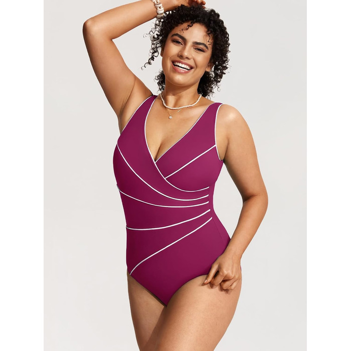 DELIMIRA Купальник жіночий великих розмірів з V-подібним вирізом, з м'якими вставками, суцільний, Bademode (38, Маджента-фіолетовий)