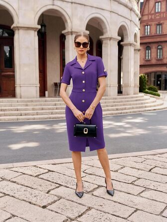 Сукня Grace Karin елегантна приталена бізнес-стиль з ґудзиками (Темно-фіолетова, L)