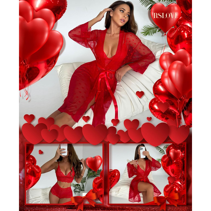 Комплект нижньої білизни RSLOVE для жінок, 3 частини: мереживний кімоно, бюстгальтер та труси, червоний, розмір M