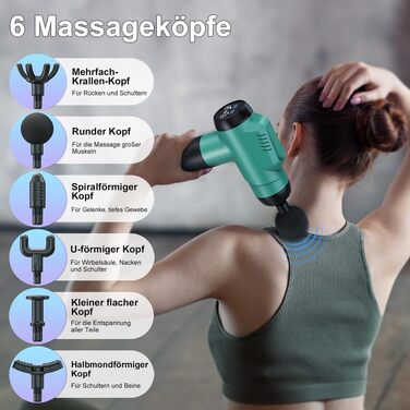 Перкусійний масажер Timiyou Massage Gun: 99 рівнів інтенсивності, до 9800 об/хв, 6 насадок, безшумний масажний пістолет для спини та шиї, Peacock Blue