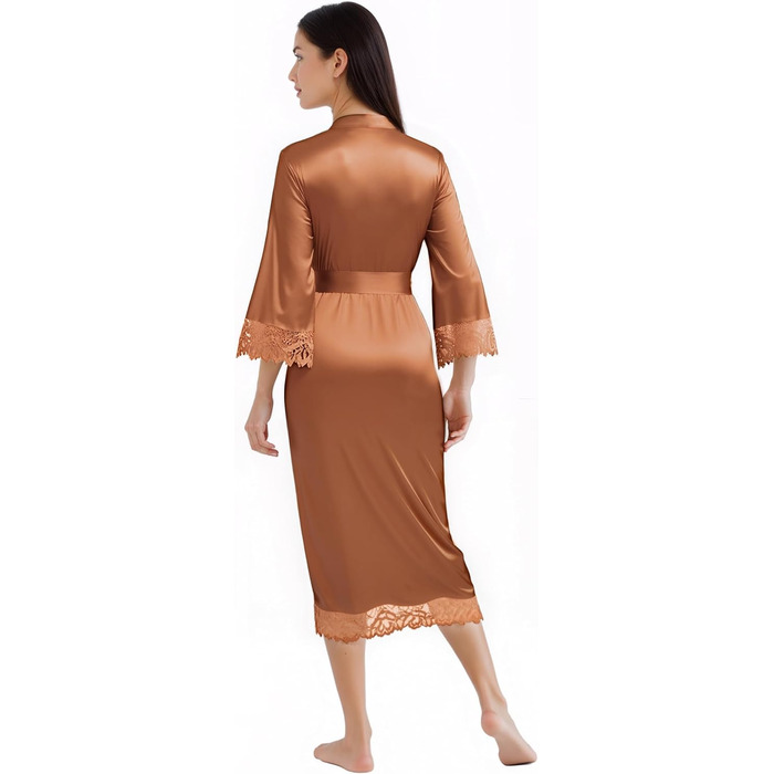 Халат жіночий довгий/короткий однотонний з мереживом, атласний, стиль кімоно, халат для дому, літній, універсальний розмір (карамель)