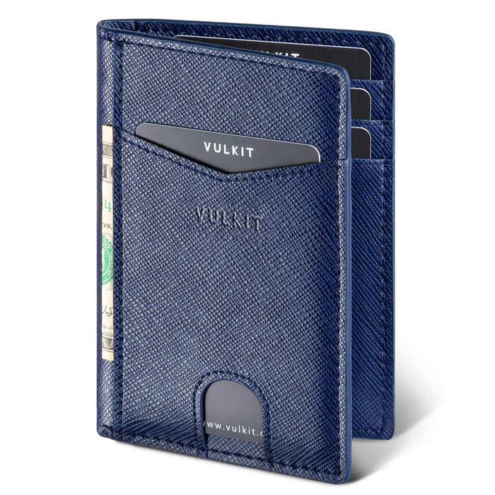Чоловічий шкіряний картхолдер VULKIT з RFID/NFC захистом, тонка гаманець-портмоне на 10 карток, темно-синій