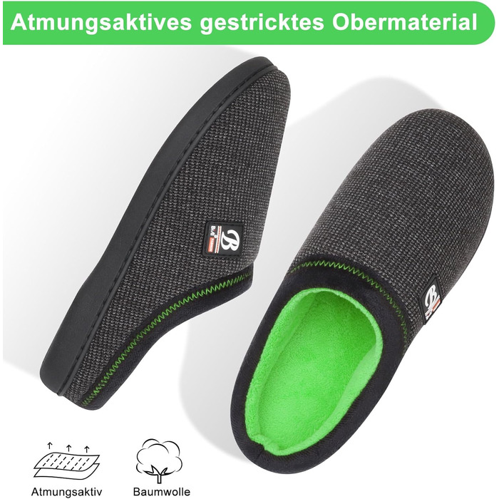 Чоловічі домашні капці BIAL з ефектом пам'яті (Memory Foam), теплі плюшеві тапочки з антиковзаючою підошвою для дому та вулиці, колір весняний зелений, розмір 44/45 EU