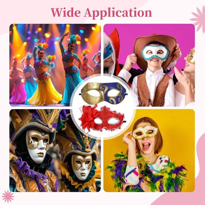 Набір масок для карнавалу 32 шт. з пір'ям та стразами, напівмаски для святкування, з стрічками