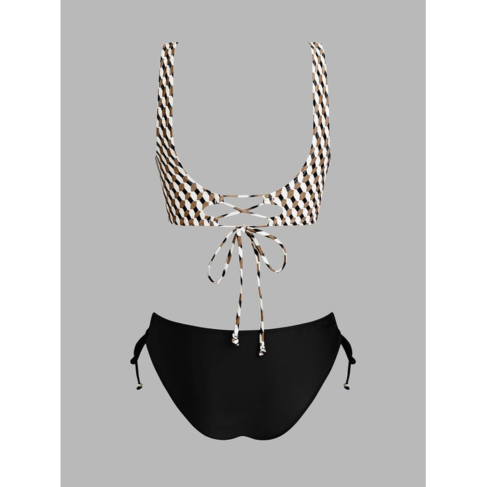 CUPSHE Bikini Set для жінок: плетена оптика, принт бумеранг, низька посадка, шнурівка, двочастинний купальник. Розмір M, чорний/бежевий, геометричний принт.