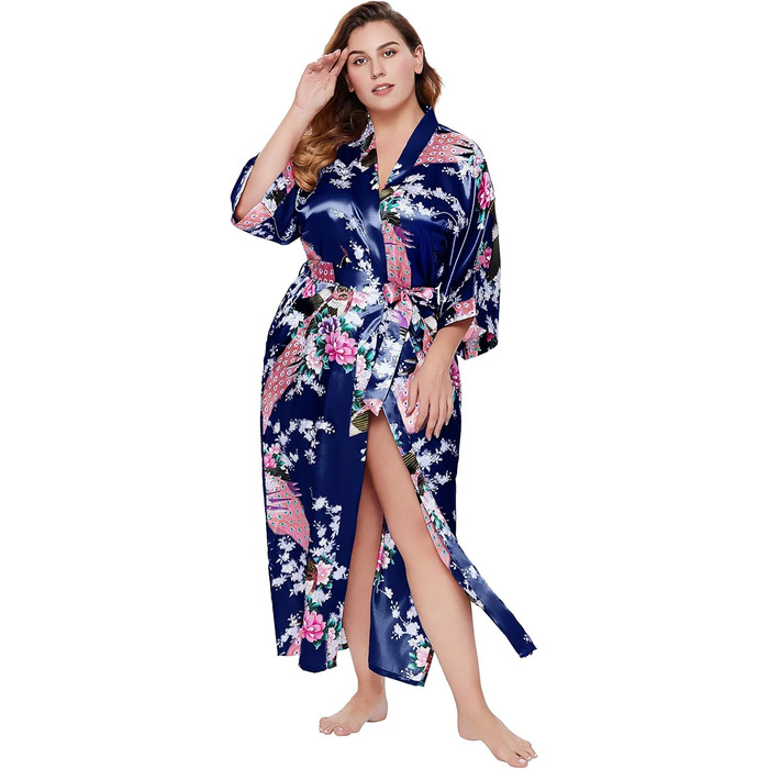 Халат жіночий довгий шовковий атласний, кімоно з принтом павича, BABEYOND, для дому, вечірки, універсальний розмір, білий/темно-синій