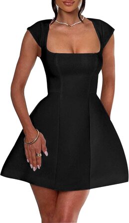 Міні-сукня uFeng з квадратним вирізом, без рукавів, з підкладкою, на блискавці, А-силует, для вечірок, сучасний стиль, червона/чорна, однотонна (Getaway Solids) (L, Чорний)