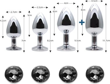 Набір анальних пробок (4 шт.) з металу, різних розмірів, для початківців, жінок, чоловіків, пар. Чорний колір.