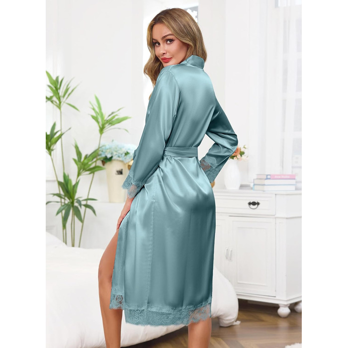 Жіночий халат Lovasy Satin Kimono з мереживом, довгий, колір сіро-зелений, розмір M