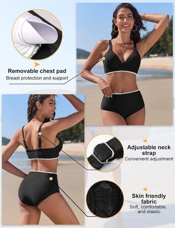 Бікіні жіночий комплект з V-подібним вирізом, двочастинний, з пуш-ап, висока талія, купальник сексуальний з білою мереживом, чорний, розмір S