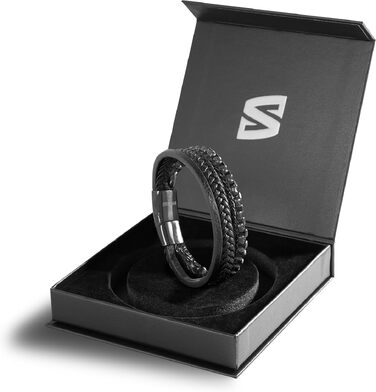 Шкіряний чоловічий браслет SERASAR Premium з магнітною застібкою зі сталі (срібло та золото), модель Hero, чорний, 23 см, у подарунковій коробці