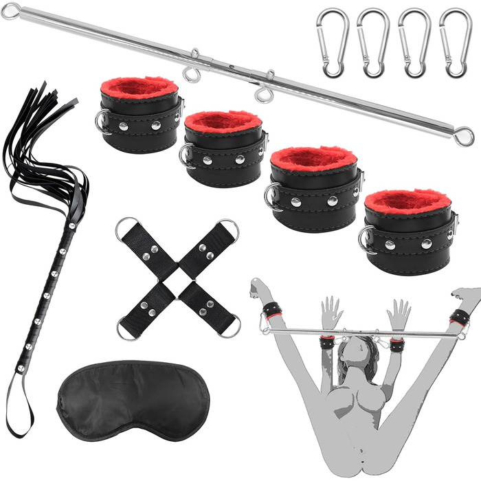 Набір фететів для БДСМ з кільцем для пеніса, стимулятором сосків та пташкою-легким пером, чорний, червоний, срібний