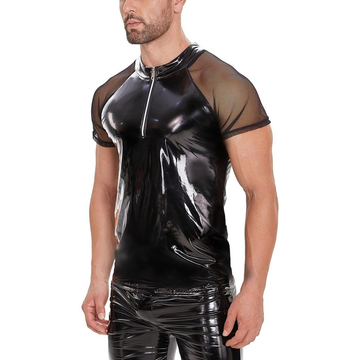 Чоловіча сексуальна футболка з екошкіри, батал, S-5XL, блискуча ПВХ шкіра, прозора сітка, блискучий латексний короткий піджак для чоловіків, чорний, 4XL