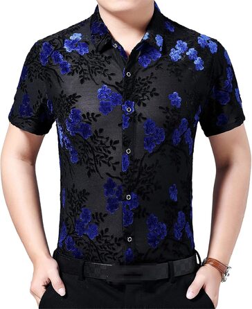 Чоловіча прозора сорочка з квітковим принтом, велюр, клубний стиль, блакитна, 3XL