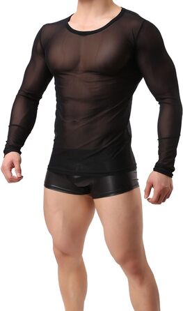 Чоловіча прозора чорна майка з довгим рукавом - нічна сорочка, сексуальна білизна, обтисла футболка з еластичних волокон, чорна майка-сітка L-XL