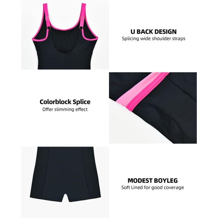 Купальник жіночий спортивний суцільний Racerback/U-Back Damen чорний/рожевий, моделюючий тіло, розмір 42