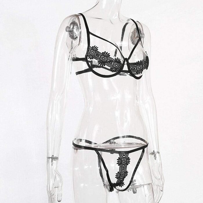 Сексуальний комплект нижньої білизни QQQQC для жінок: бюстгальтер, танга, піжама, чорний, розмір S