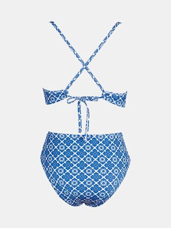 CUPSHE купальник з глибоким V-подібним вирізом, на зав'язках, з текстурою, однотонний (L, блакитний/білий, геометрія)