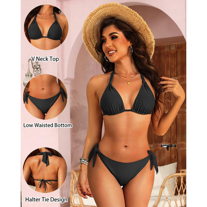 Двочастинний купальник-бікіні з зав'язками для жінок, чорний, розмір M