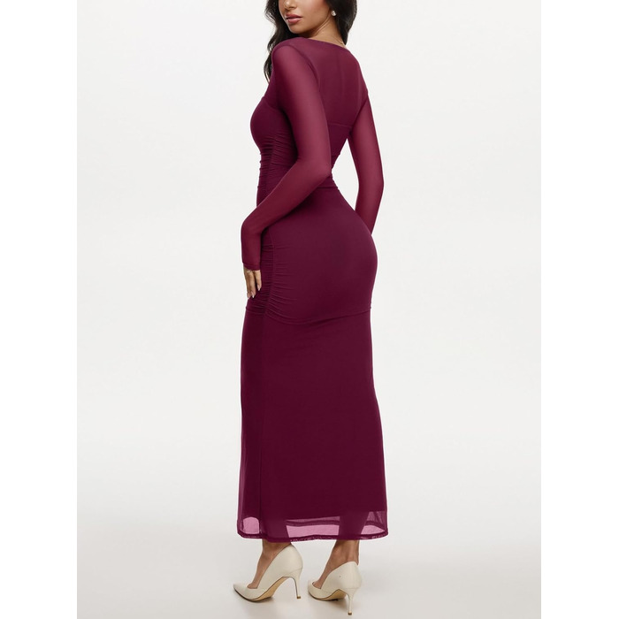 REORIA Макі сукня для жінок з довгими рукавами для гостей на весілля. Прозора сітчаста тканина, квадратний виріз, обтягуючий силует. (Кордован, XS)