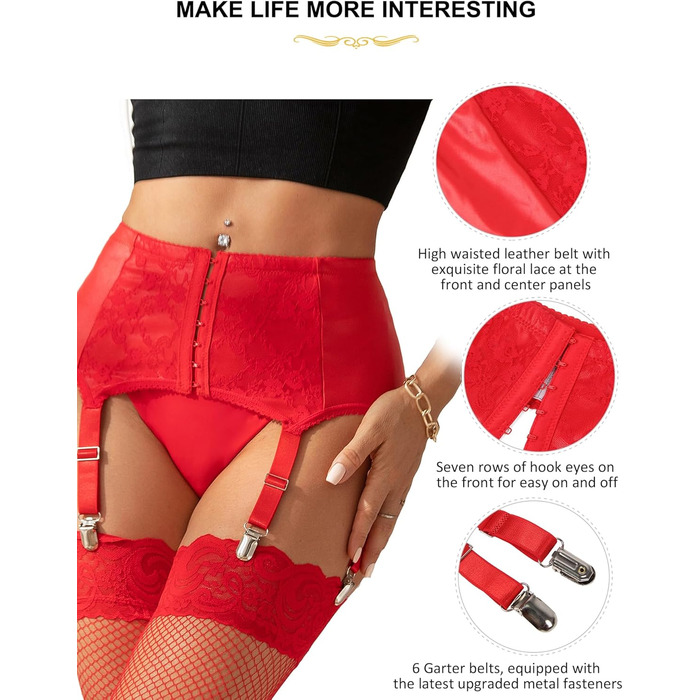 Смугастий пояс-смугастий з високою талією, великий розмір, мереживний пояс з шнурками та 6 металевими затискачами для стегон, червоний (без панчіх) L