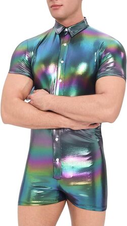 Чоловічий боді Landofgenie з металевим блиском, короткі рукави, комбінезон на бретелях (чорний, L)