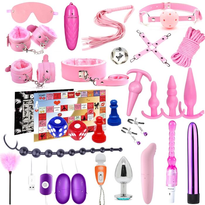 Набір BDSM 25 предметів: кайдани, реалістичний анал-плаг, кліпси для сосків, батіг, маска для очей