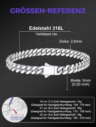 Чоловічий браслет Richsteel Cuban Link зі сталі 316L, ланцюг у стилі хіп-хоп (сріблястий, 5 мм, 23 см) — подарункова упаковка
