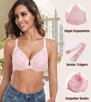 Бюстгальтер жіночий з кісточками, застібка спереду, великі розміри, без підкладки, м'яка чашка, спортивний дизайн, квітковий принт, мереживо, повна чашка, для великої груди, надійна підтримка, класичний BHS (90C, Рожевий)