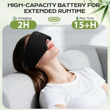 Маска для сну з Bluetooth-навушниками LC-dolida V5.4, 3D дихаюча бавовняна маска для очей з мікрофоном, миюча, для подорожей, йоги та медитації (Чорна)