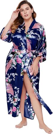 Халат жіночий довгий шовковий атласний, кімоно з принтом павича, BABEYOND, для дому, вечірки, універсальний розмір, білий/темно-синій