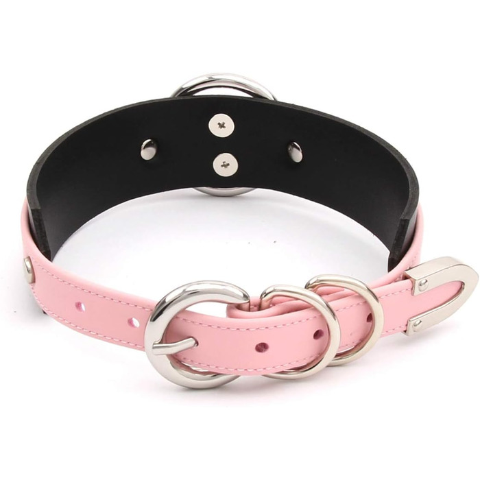 Чокер на шию з кільцем для жінок: шкіряний аксесуар у рожевому та чорному кольорах, срібна фурнітура