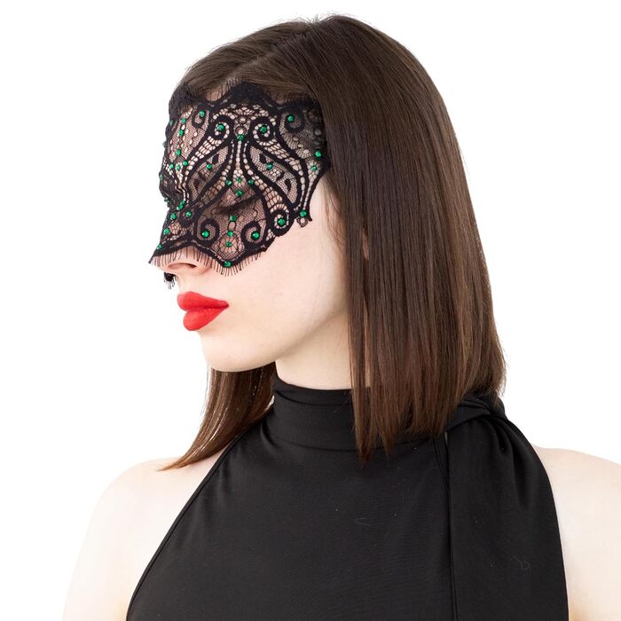 Чорна мереживна маска для жінок з кристалами - елегантна венеціанська маска для карнавалу, вечірки в готичному стилі, косплею, свята - ручної роботи (чорний колір, зелені стрази)