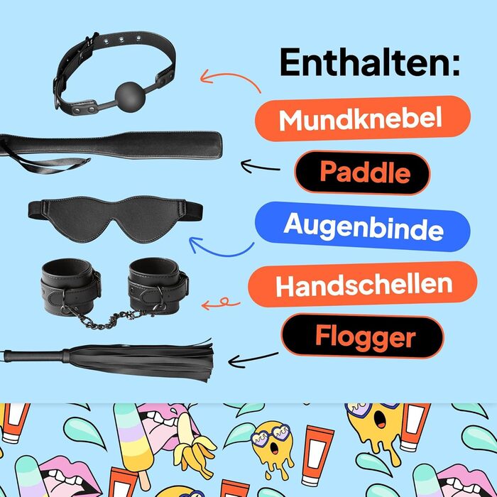 Набір для БДСМ Obaie Fesseln & Bondage: 5-елементний комплект для початківців з падоком, мотузкою, маскою, флогом та наручниками з PU-шкіри