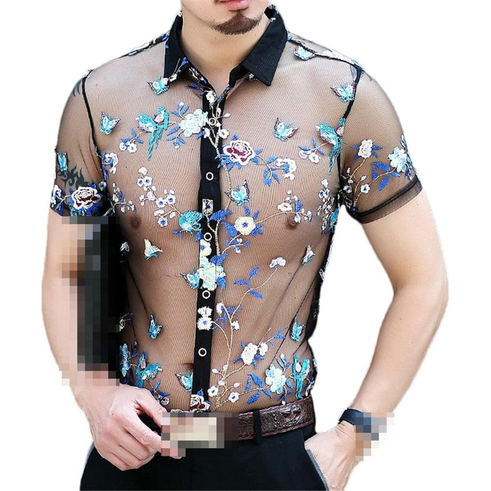 Чоловіча літня сорочка Deepsko з мереживом та квітковим візерунком, прозора, розмір EU S (50-65 кг)